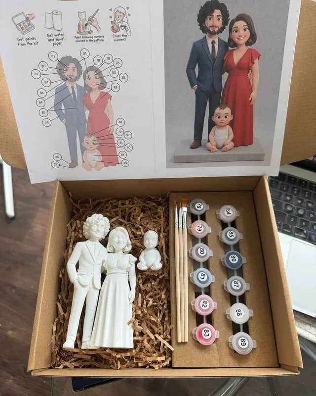 Family kit: two adults, a baby and a cat as unpainted figurines with the guide