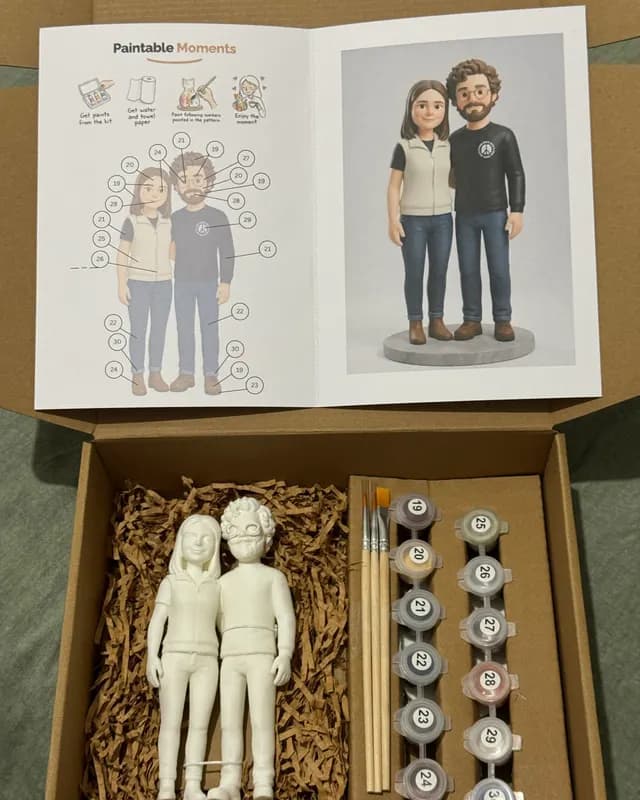 Couple kit with the printed guide showing the figurines in jeans